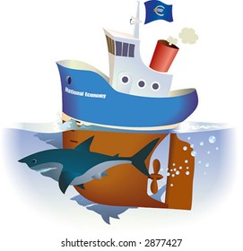 A ship of a National Economy is sailing in deep waters. Sharks of the Open Market are around.