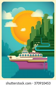 Ship with nature background. Vector illustration.