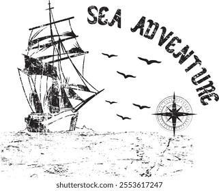 a ship navigating through crashing waves and vast ocean skies. Vibrant blues and greens evoke the mystery and excitement of the sea