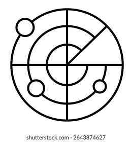 Ícone de linha fina do localizador de navegação de navio, conceito de navegação marítima. Gráficos vetoriais. Radar com pinos de localização de navio sinal em fundo branco, estilo móvel ou design
