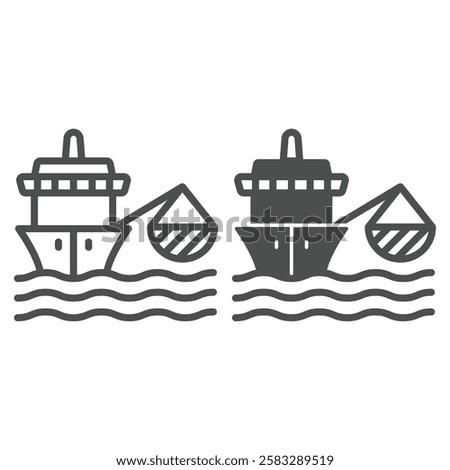 Ship with net line and solid icon, fishing concept. Vector graphics. Fisher man boat at sea sign on white background, outline style icon for mobile or web design
