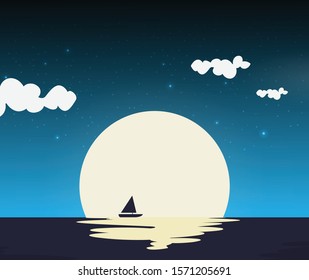 Ship in the night vector, flat illustration
