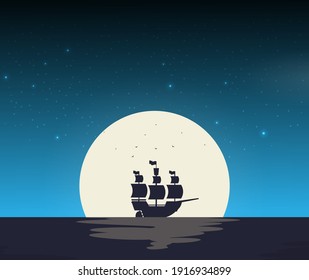 Ship in the night vector, flat illustration