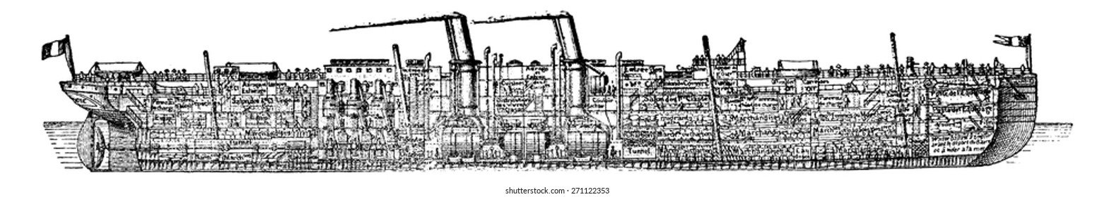 Ship Normandy, vintage engraved illustration. Industrial encyclopedia E.-O. Lami - 1875.