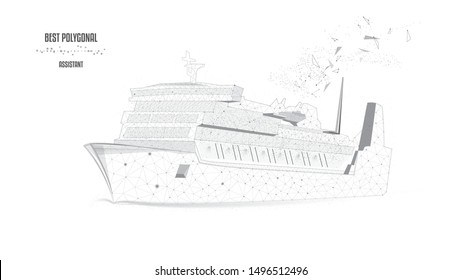  Ship. Ocean liner from Polygonals and points. Concept of business trip, travel or tourism, logistic, shipping. Black and white vector illustration. Low poly.