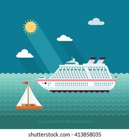 Ship in the Ocean. Trip around the world. Flat design style vector illustration.