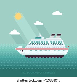 Ship in the Ocean. Trip around the world. Flat design style vector illustration.