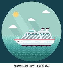 Ship in the Ocean. Trip around the world. Flat design style vector illustration.