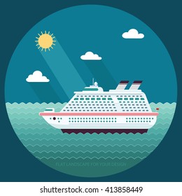 Ship in the Ocean. Trip around the world. Flat design style vector illustration.