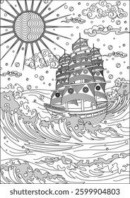 Ship In Ocean Waves Coloring Page For Adult