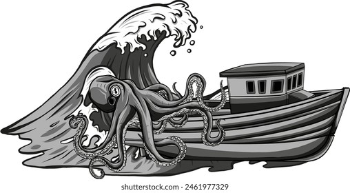 ship and octopus at the sea. Nautical wanderlust and adventure illustration. Ocean devilfish