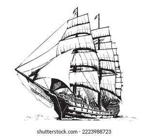 
Ship old sailboat hand drawn side view.Vector illustration.