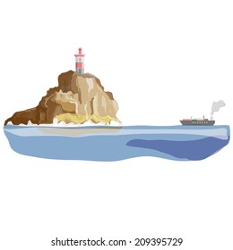 ship on a background of mountains with lighthouse