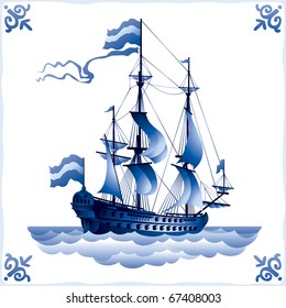 Buque en azulejos holandeses azules 1, fragata, Vela con un total de velas, cerámica de porcelana glaseada