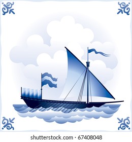 Ship on the Blue Dutch tile 2, Galley, the ship that is propelled by human oarsmen, glazed porcelain ceramic