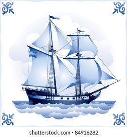 Ship on the Blue Dutch tile 8, Brigantine, glazed porcelain ceramic, a Sailing vessel with a totality of sails