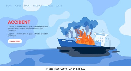 Schiff in Brand auf See mit Rauch, Notsituation auf See. Maritime Katastrophe und nautische Thema Vektorgrafik.