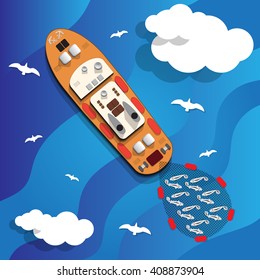 Ship on fisheries.  View from above. Vector illustration.