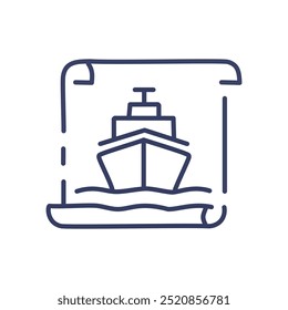 Ship on parchment. Line art illustration of a ship on a scroll.  It represents a nautical adventure or seafaring journey.