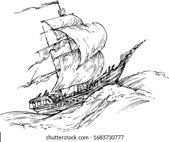 Ship on a raging waves  -  vector hand-drawn illustration
