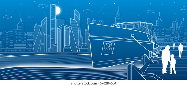 Ship on the river. People are walking on the pier. Modern city in the background. White lines infrastructure illustration. Vector design art