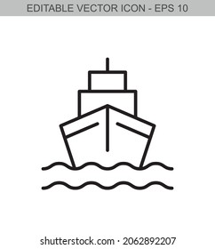 Un barco en el mar. Icono de línea de trazo editable. Ilustración vectorial.