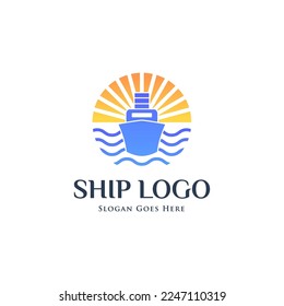 Ship on the sea logo. Ship and wave logo.
