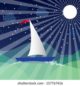 Ship on the sea and moon. Vector illustration.