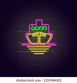 Ship on sea sign neon effect light on dark wall backgroun illustration EPS10