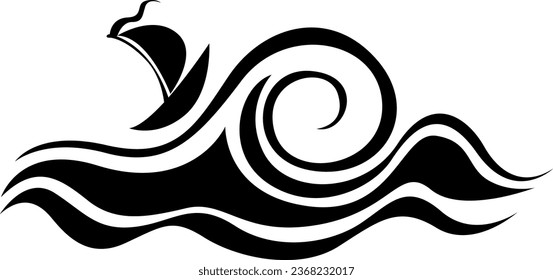 Ship on sea tattoo, tattoo illustration, vector on a white background.