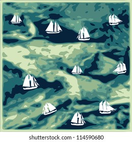 Ship on see map. Vector background.