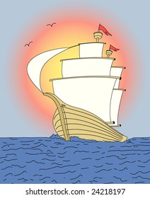 Ship on sunset sky - vectors illustration. Fully editable, easy color change.