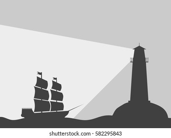 The ship on the water with a lighthouse. Black contour on a black background. Vector illustration