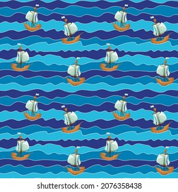 Ship on wave seamless pattern. Boat in ocean background. Kids abstract sea waves endless wallpaper. Design for fabric, textile print, surface, wrapping paper, cover. Kids vector illustration