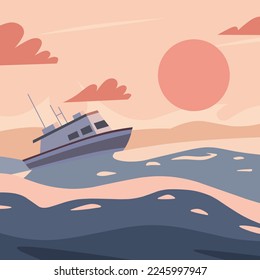 Schiff im offenen Meer auf dem Hintergrund von Wolken, die auf den Wellen abstürzen. Vektorgrafik des Ozeans im Sommer