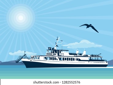 Ship in the open sea in the sky Seagull on the background of mountains