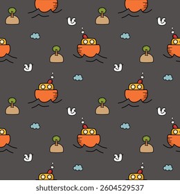 Ship orange cartoon so cute. On island bird cloud black background. Pattern seamless vector illustration. 
