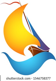 Ship with an orange sail on a blue wave design