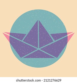 Ship origami. Colorful cute screen printing effect. Riso print effect. Vector illustration. Graphic element  for fabric, textile, clothing, wrapping paper, wallpaper, poster.