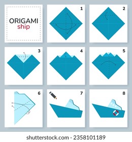 Ship origami scheme tutorial moving model. Origami for kids. Step by step how to make a cute origami water transport. Vector illustration.