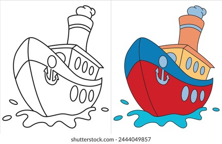 Contorno y color de envío 
Barco de motor. Página de libro para colorear. Ilustración vectorial de dibujos animados.
