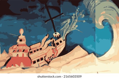 ship painting vector art, with colorful background