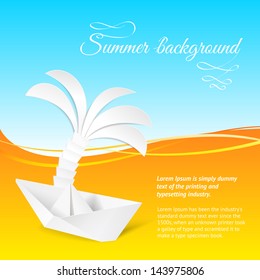 Ship and the palm tree. Vector illustration.
