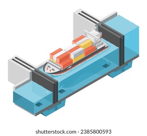 Ship at Panama Canal Expansion allows Transit Of Larger Ships with Greater water Volume isometric vector