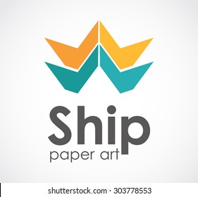 Ship paper craft art abstract vector logo design template creative marine sail business icon colorful company identity symbol concept