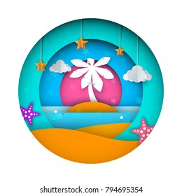 Ship, paper landscape, sea, cloud star cartoon illustration Vector eps 10