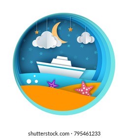 Ship, paper landscape, sea, cloud star cartoon illustration Vector eps 10