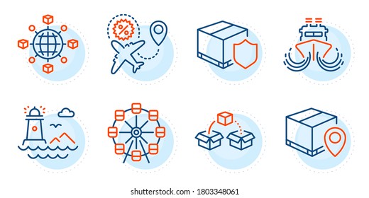 Ship, Parcel tracking and Lighthouse signs. Delivery insurance, Flight sale and Logistics network line icons set. Parcel shipping, Ferris wheel symbols. Outline icons set. Vector