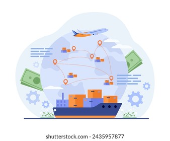 Ship with parcels and cargo airplane vector illustration, globe with pointers and money on background. Logistics, global trade dynamics concept