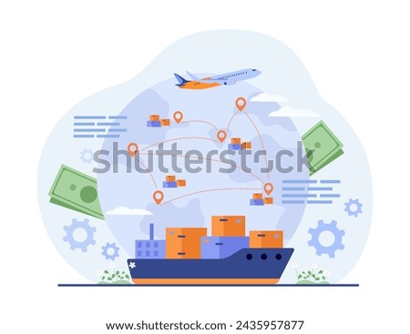 Ship with parcels and cargo airplane vector illustration, globe with pointers and money on background. Logistics, global trade dynamics concept